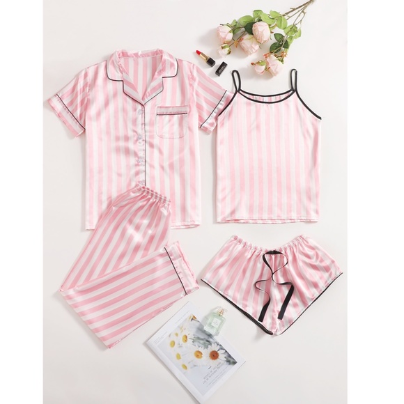 Satin Pink Stripes 4 Piece Pajamas Set - Picture 2 of 16